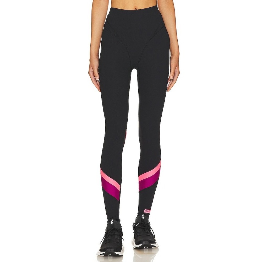 PE Nation Vicinity Legging Black Ribbed High Rise Activewear Pink Stripes Small